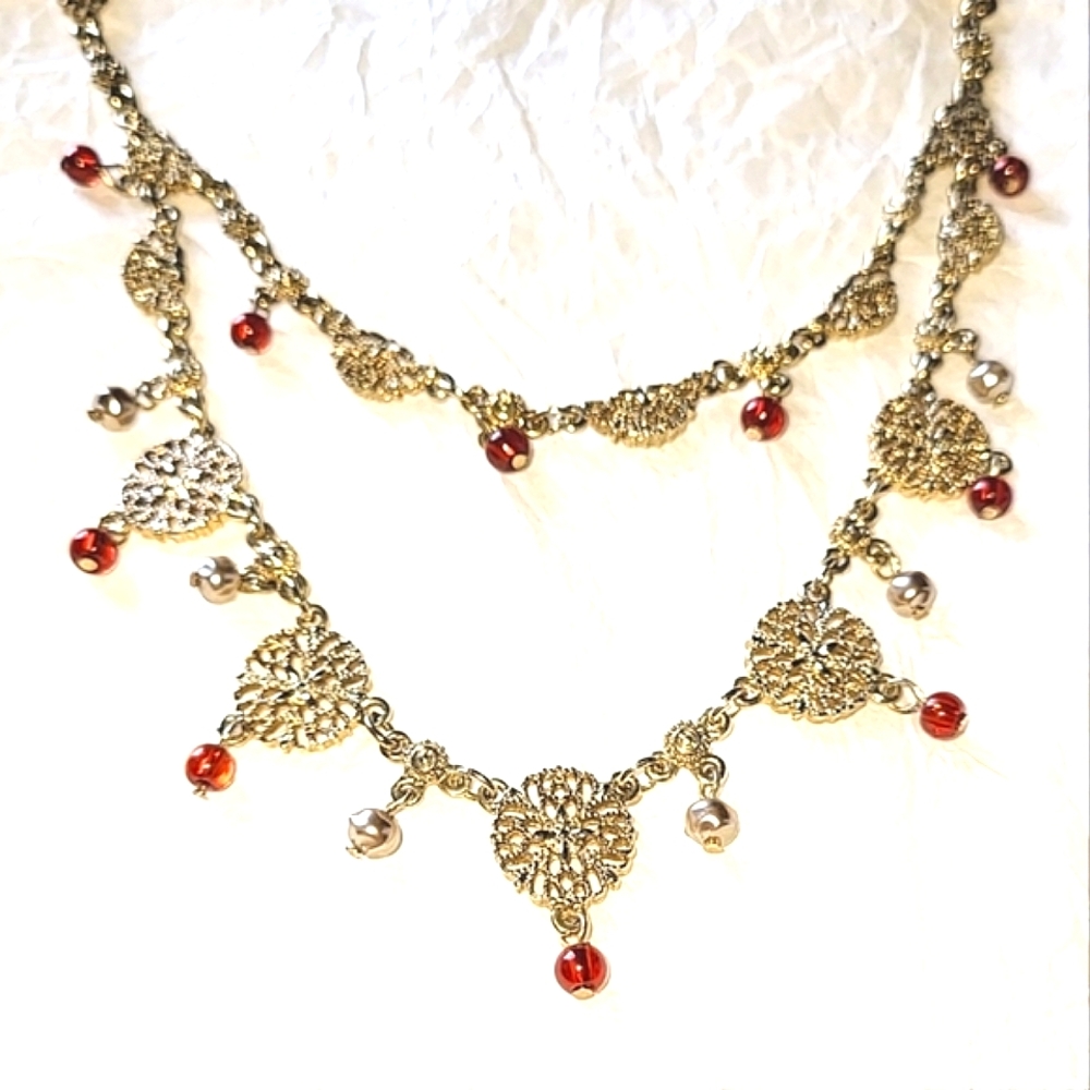 BEN-AMUN FESTOON STYLE LAYERED NECKLACE with FILIGREE DISCS, AMBER BEADS - Picture 2 of 9